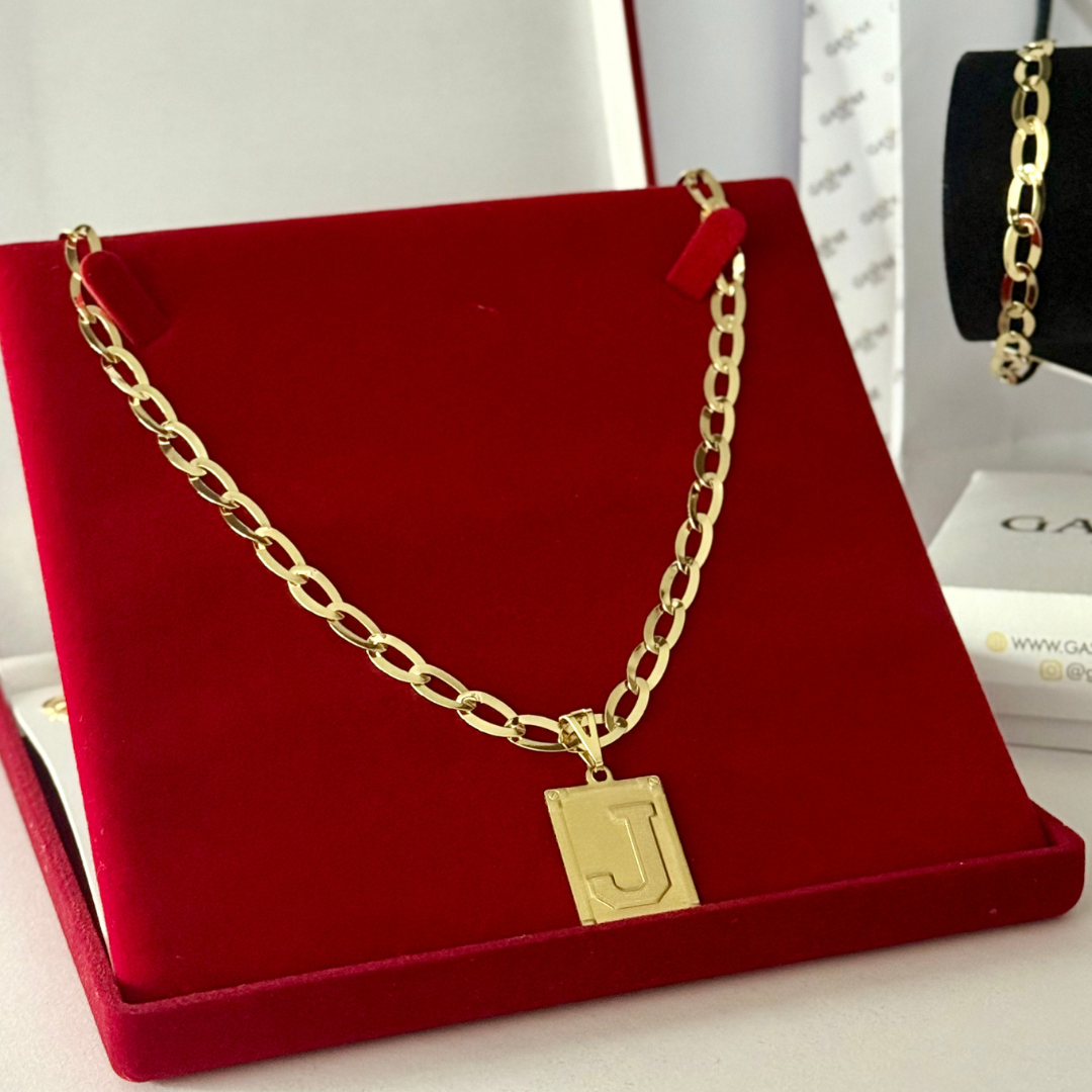 Kit Corrente e Pulseira Chapeada 6mm - BANHADO A OURO 18K - (PINGENTE LETRA DE BRINDE)