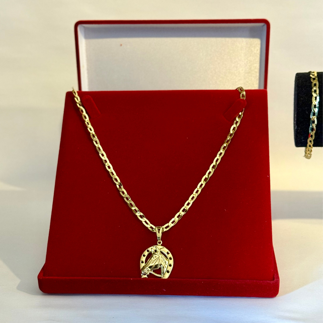 Kit Corrente e Pulseira Chapeado 3mm + Pingente Cavalo- Moeda Antiga Italiana + Verniz + Banho de 10 Millessimos Ouro