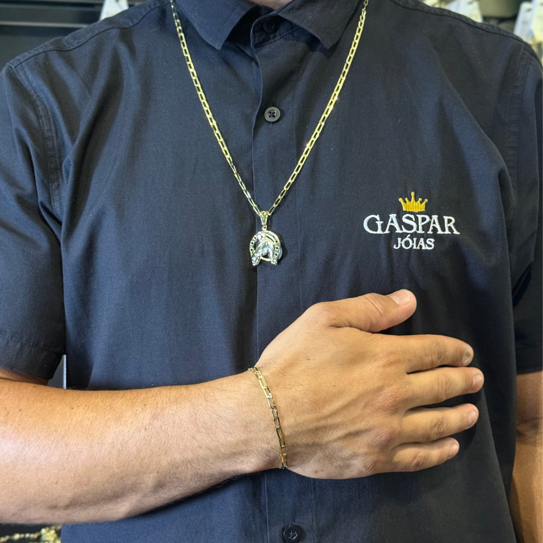 Kit Corrente e Pulseira Long 2mm + Pingente Cavalo- Moeda Antiga Italiana + Verniz + Banho de 10 Millessimos Ouro