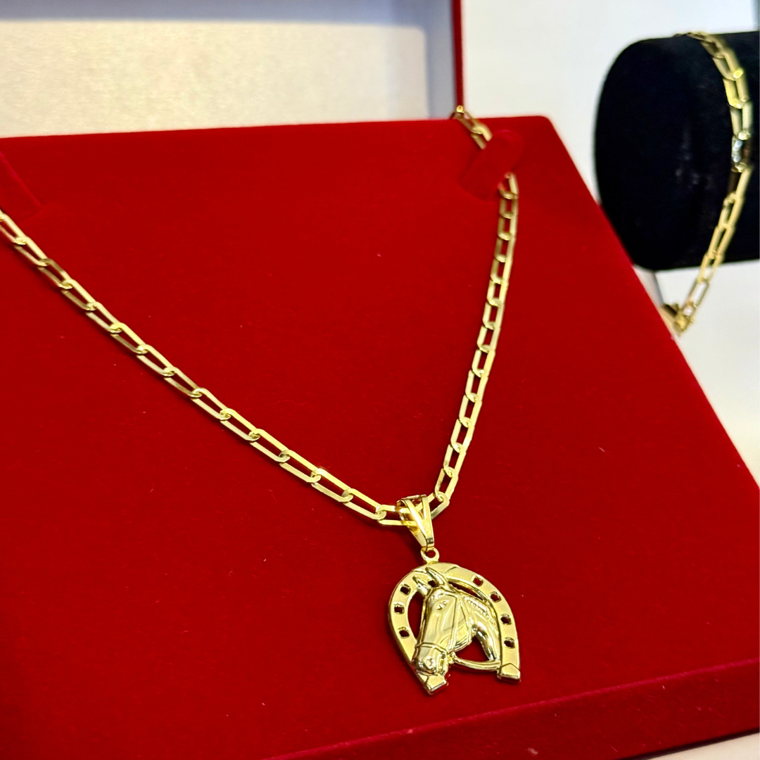 Kit Corrente e Pulseira Long 2mm + Pingente Cavalo- Moeda Antiga Italiana + Verniz + Banho de 10 Millessimos Ouro