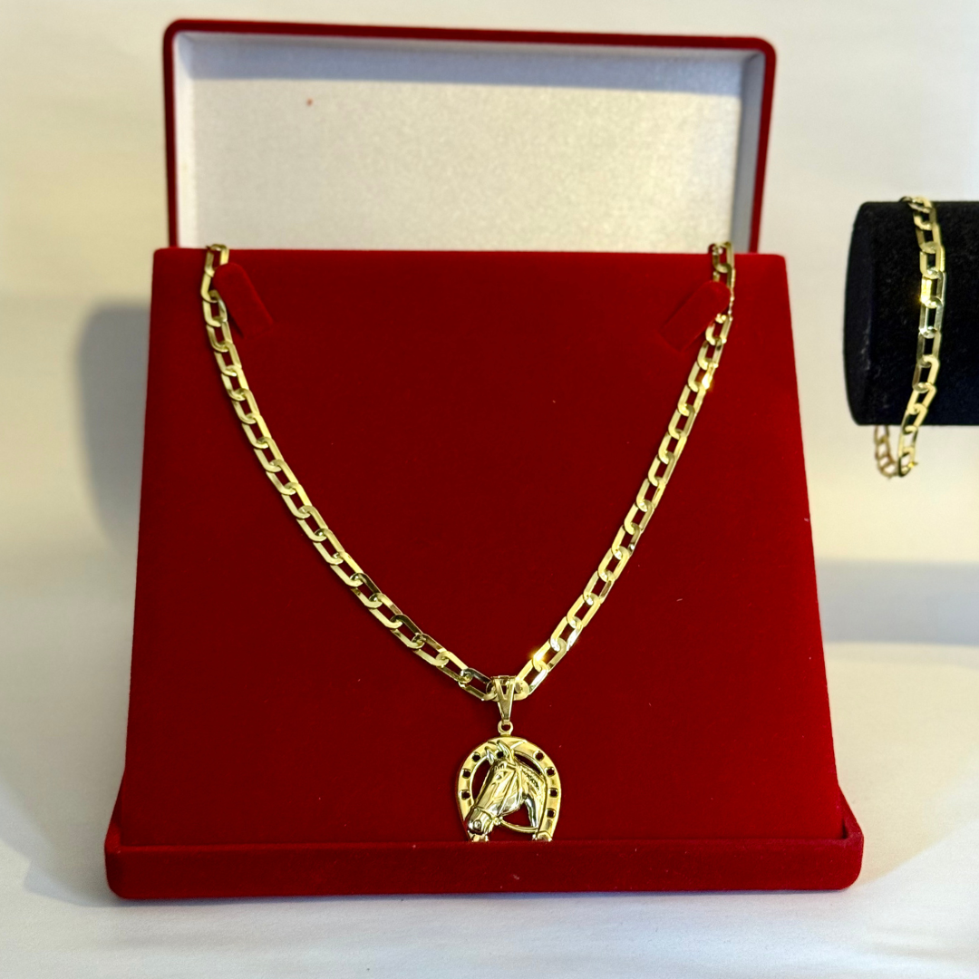 Kit Corrente e Pulseira Long 4mm + Pingente Cavalo- Moeda Antiga Italiana + Verniz + Banho de 10 Millessimos Ouro