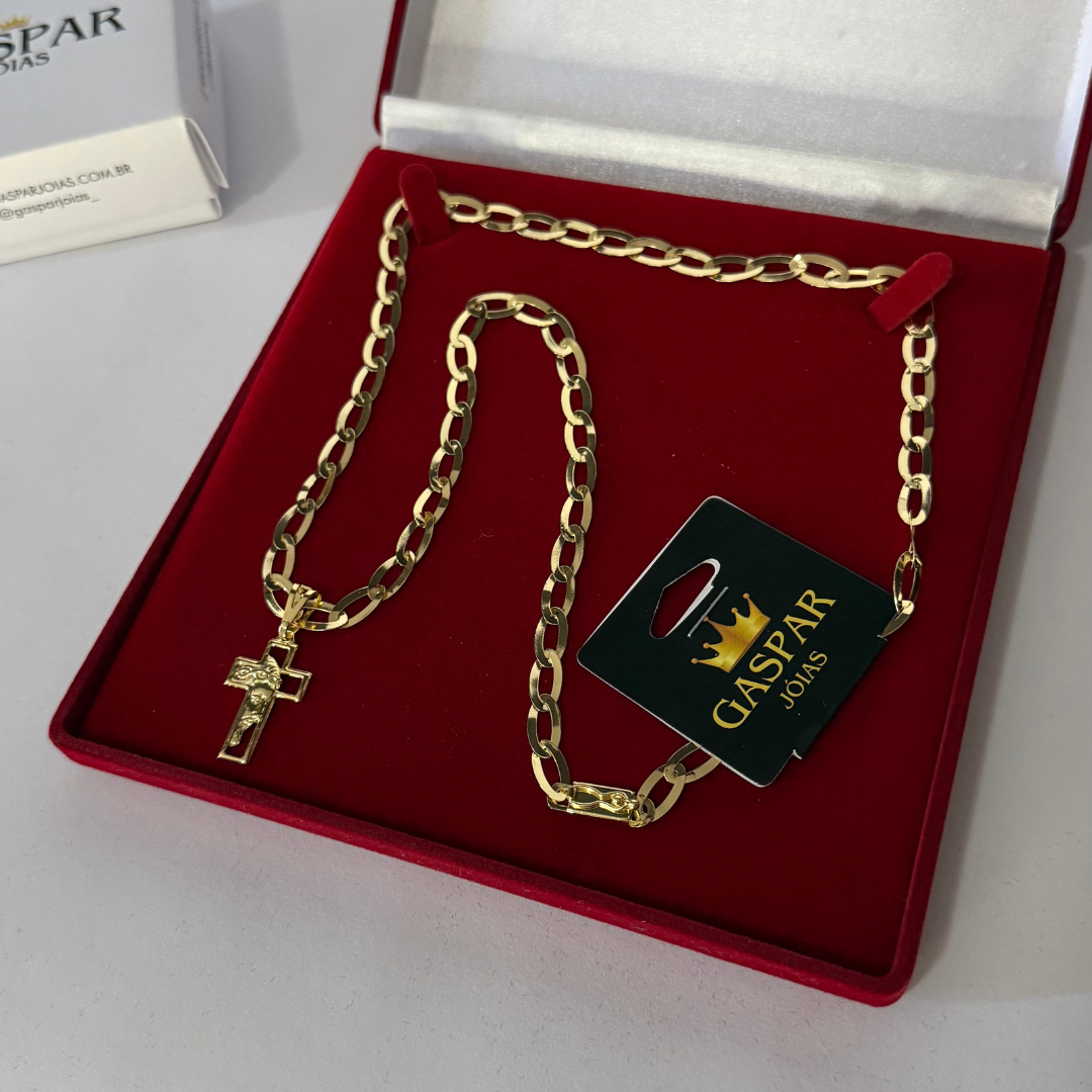Corrente Chapeada Laminada 6mm + Pingente Cruz Face de Cristo - Premium Moeda Antiga Italiana + Verniz + Banho de 10 Millessimos Ouro