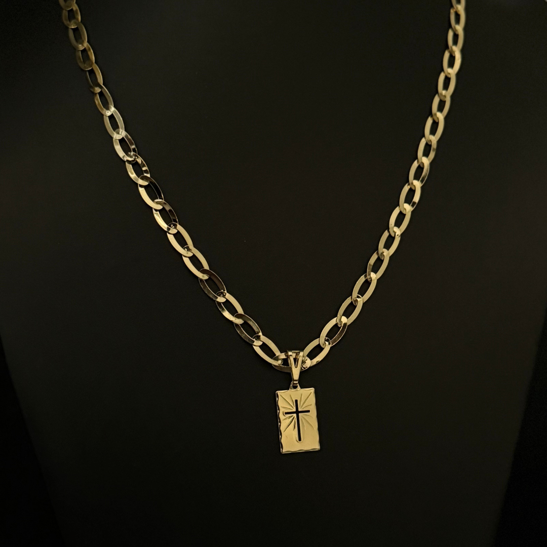 Corrente Chapeada Laminada 6mm + Pingente Placa Cruz - Premium Moeda Antiga Italiana + Verniz + Banho de 10 Millessimos Ouro