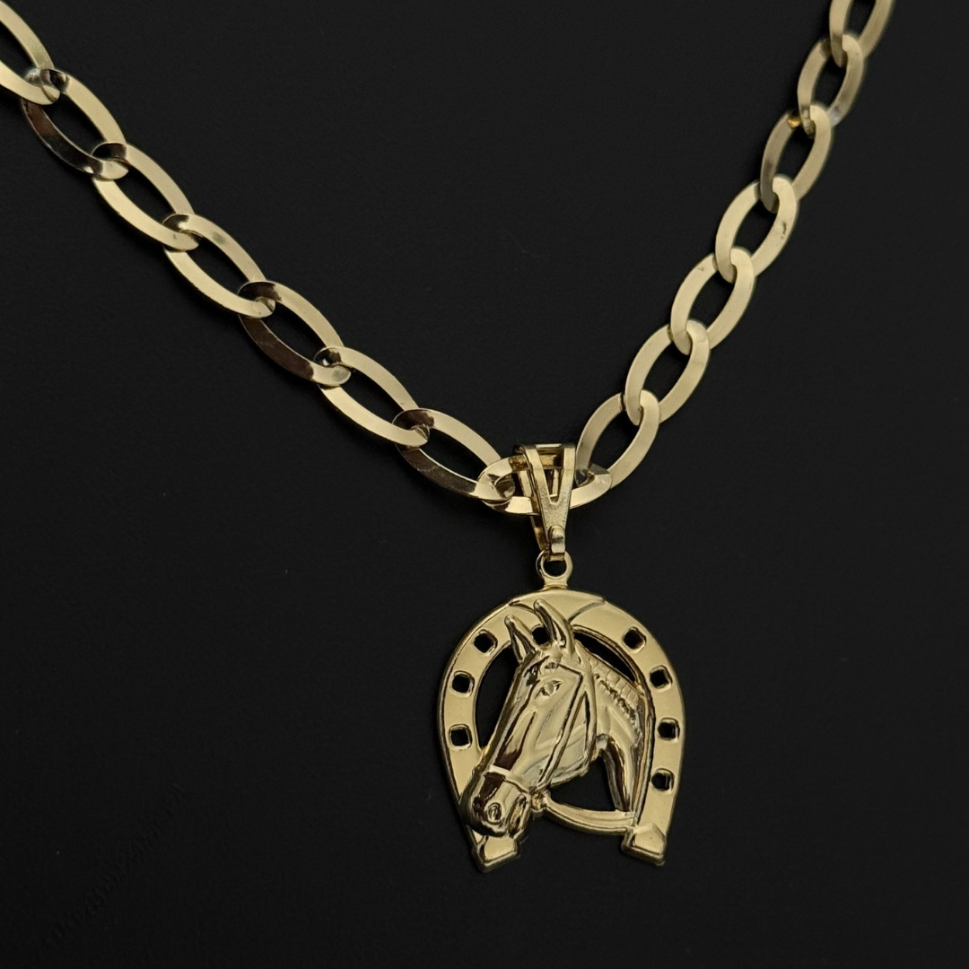 Corrente Chapeada Laminada 6mm + Pingente Cavalo - Premium Moeda Antiga Italiana + Verniz + Banho de 10 Millessimos Ouro