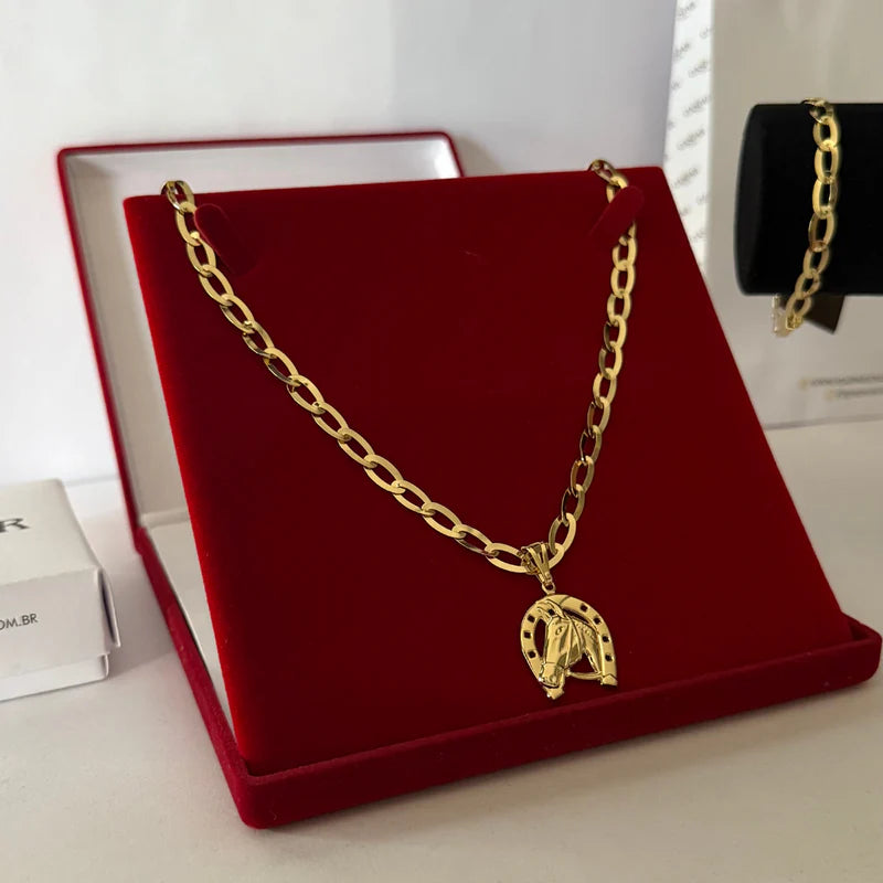 Kit Corrente e Pulseira Chapeada 6mm - BANHADO A OURO 18K - (PINGENTE CAVALO DE BRINDE)