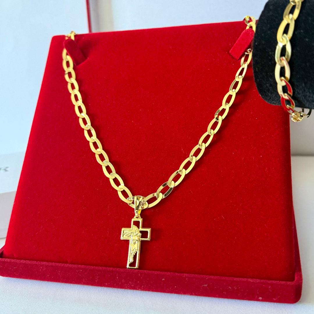 Kit Completo, Corrente e Pulseira Chapeada Laminada 6mm + Pingente Cruz Face - Moeda Antiga Italiana + Verniz + Banho de 10 Millessimos Ouro
