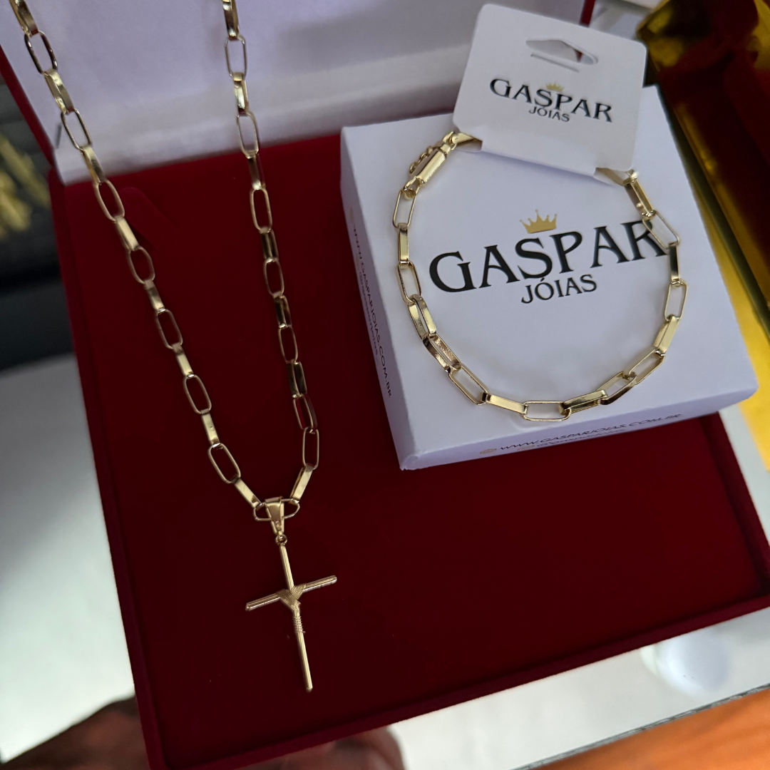 Kit Completo, Corrente e Pulseira Tijolinho + Pingente Cruz Palito - Moeda Antiga Italiana + Verniz + Banho de 10 Millessimos Ouro