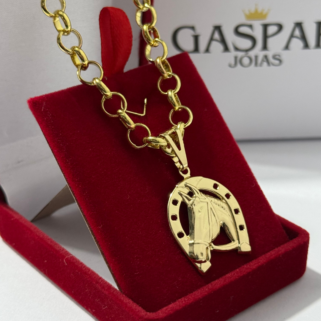 Corrente Elo Português 4mm + Pingente Cavalo - Premium Moeda Antiga Italiana + Verniz + Banho de 10 Millessimos Ouro