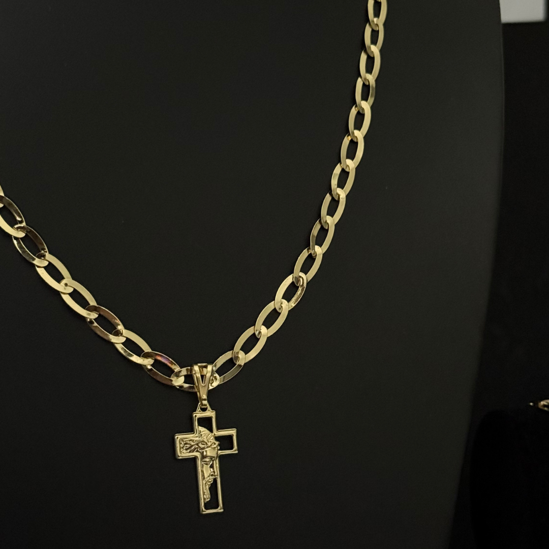 Kit Completo, Corrente e Pulseira Chapeada Laminada 6mm + Pingente Cruz Face - Moeda Antiga Italiana + Verniz + Banho de 10 Millessimos Ouro