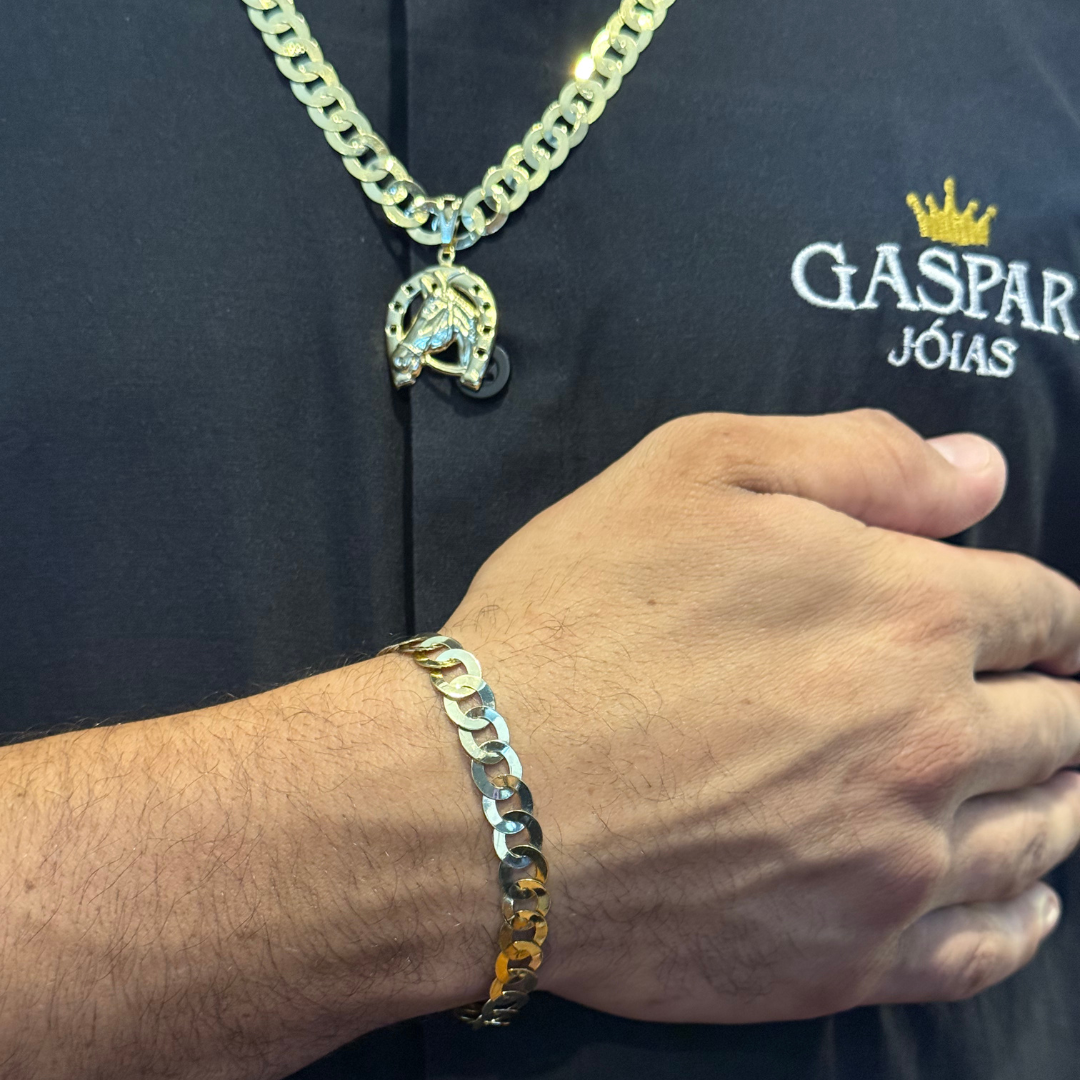 Kit Corrente e Pulseira 8mm Redondo + Pingente Cavalo- Moeda Antiga Italiana + Verniz + Banho de 10 Millessimos Ouro