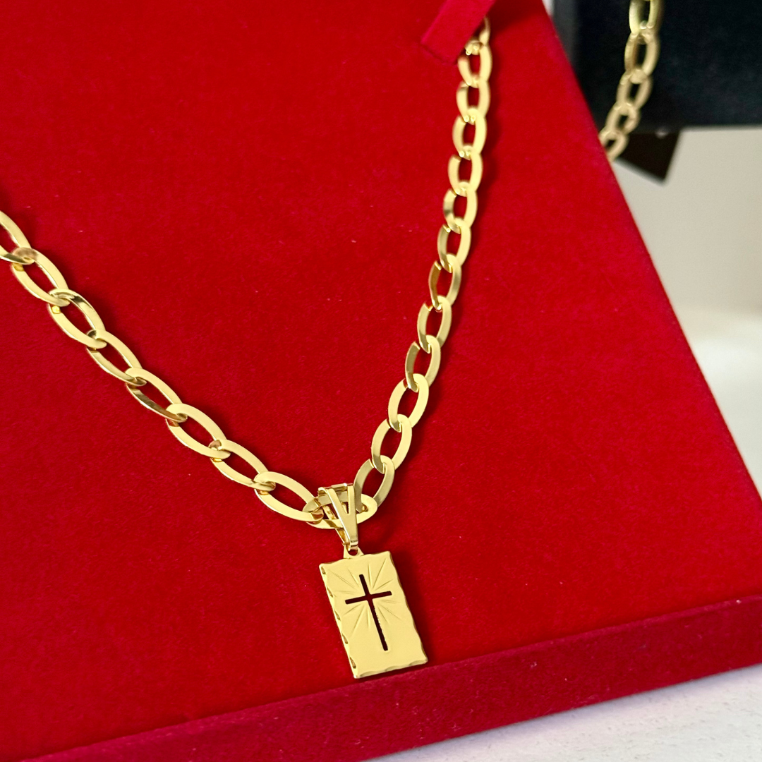 Kit Completo, Corrente e Pulseira Chapeada Laminada 6mm + Pingente Placa Cruz - Moeda Antiga Italiana + Verniz + Banho de 10 Millessimos Ouro
