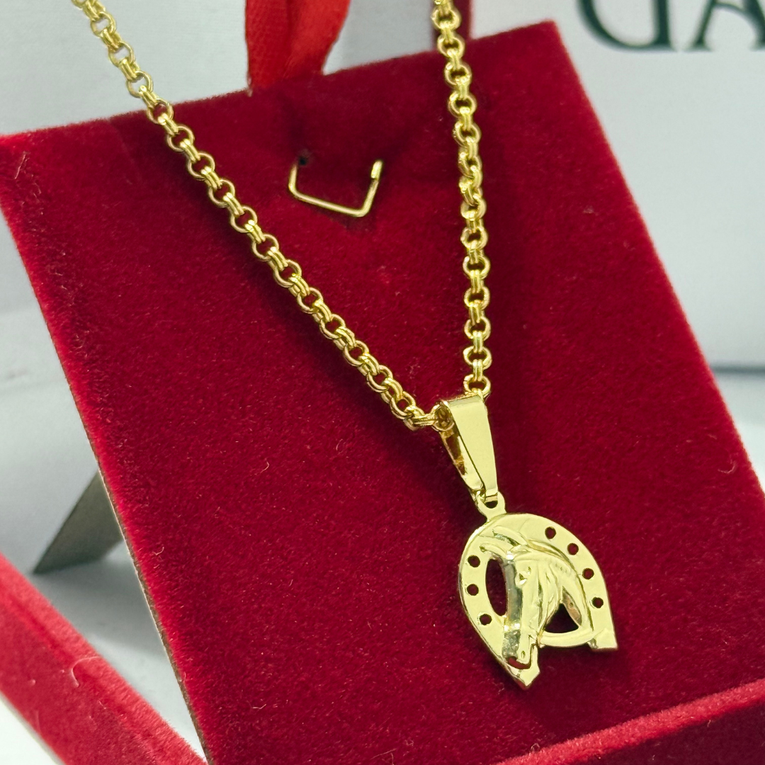 Corrente Elo Português Dupla 2mm + Pingente Cavalo - Premium Moeda Antiga Italiana + Verniz + Banho de 10 Millessimos Ouro