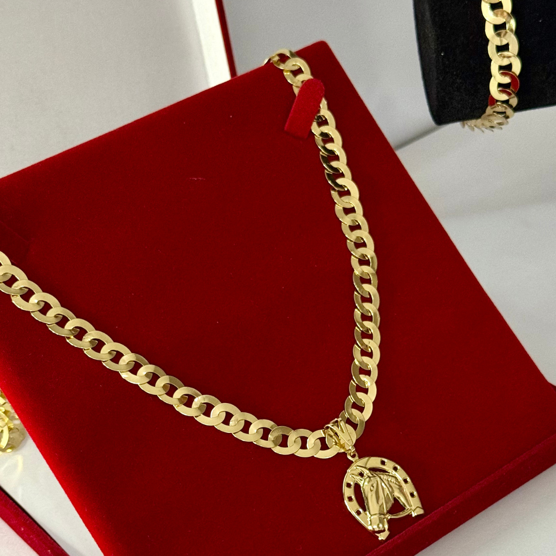 Kit Corrente e Pulseira Elo Redondo 8mm - Moeda Antiga Italiana + Pingente Cavalo + Verniz + Banho de 10 Millessimos Ouro