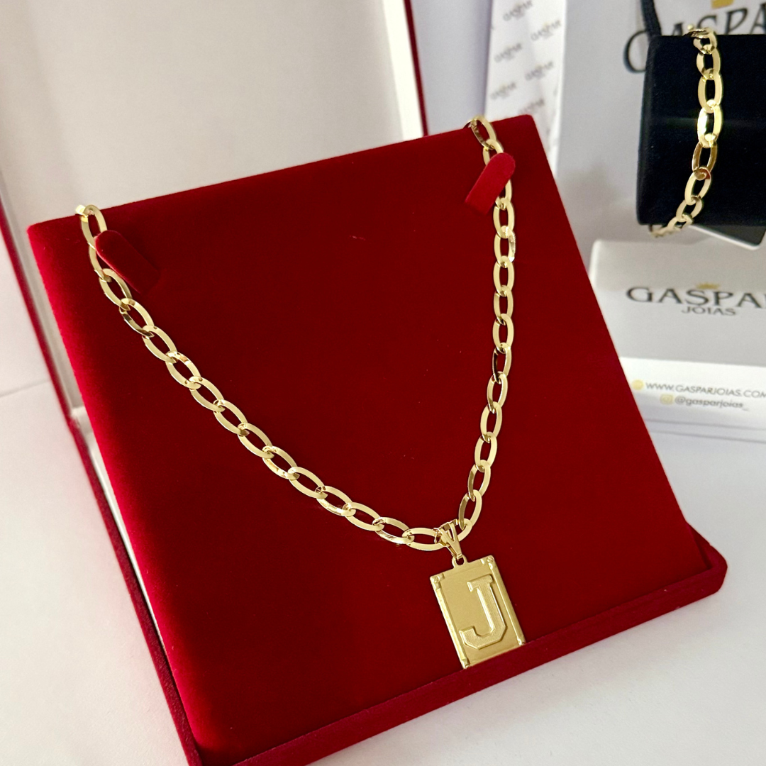 Kit Corrente e Pulseira Chapeada 6mm - BANHADO A OURO 18K - (PINGENTE LETRA DE BRINDE)
