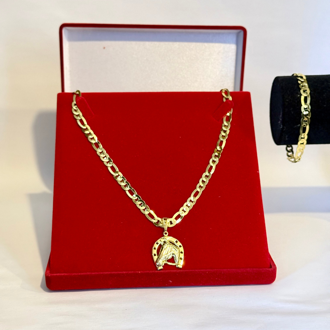 Kit Corrente e Pulseira 3x1 + Pingente Cavalo- Moeda Antiga Italiana + Verniz + Banho de 10 Millessimos Ouro