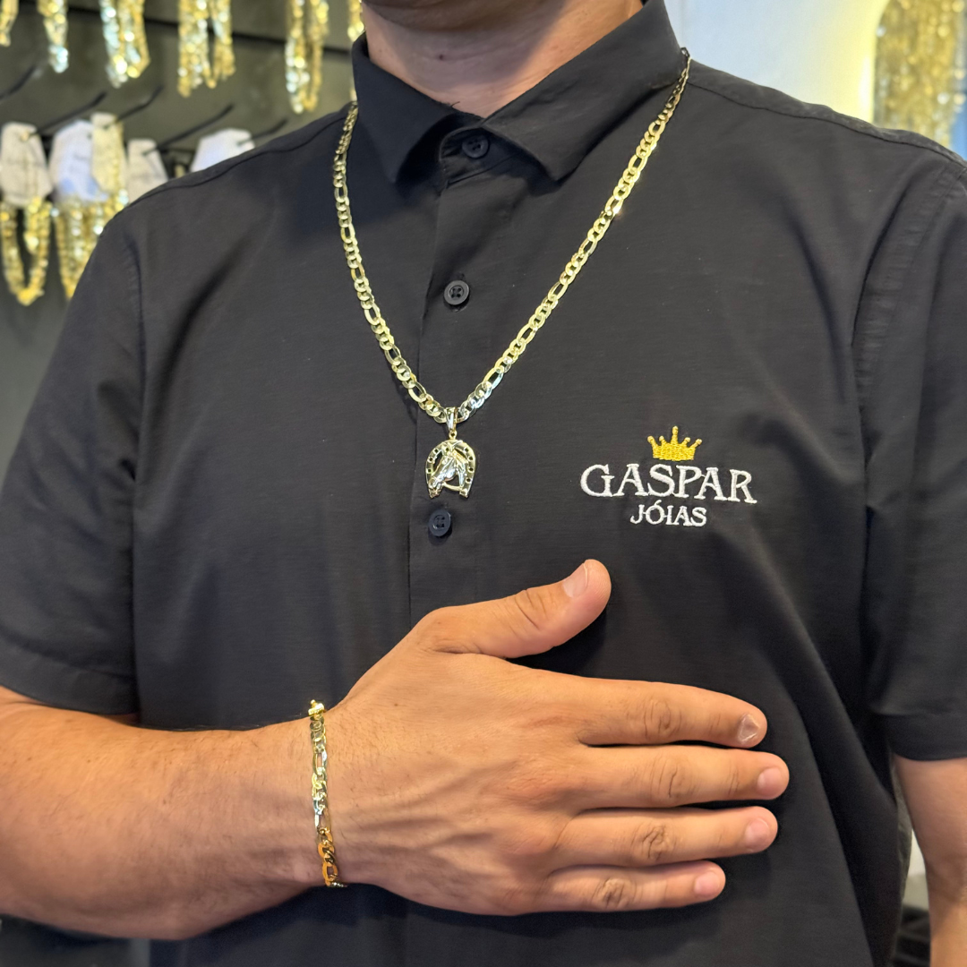 Kit Corrente e Pulseira 3x1 + Pingente Cavalo- Moeda Antiga Italiana + Verniz + Banho de 10 Millessimos Ouro