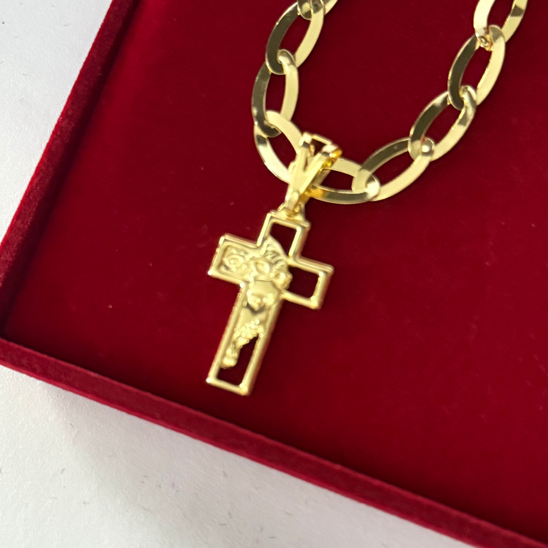 Corrente Chapeada Laminada 6mm + Pingente Cruz Face de Cristo - Premium Moeda Antiga Italiana + Verniz + Banho de 10 Millessimos Ouro