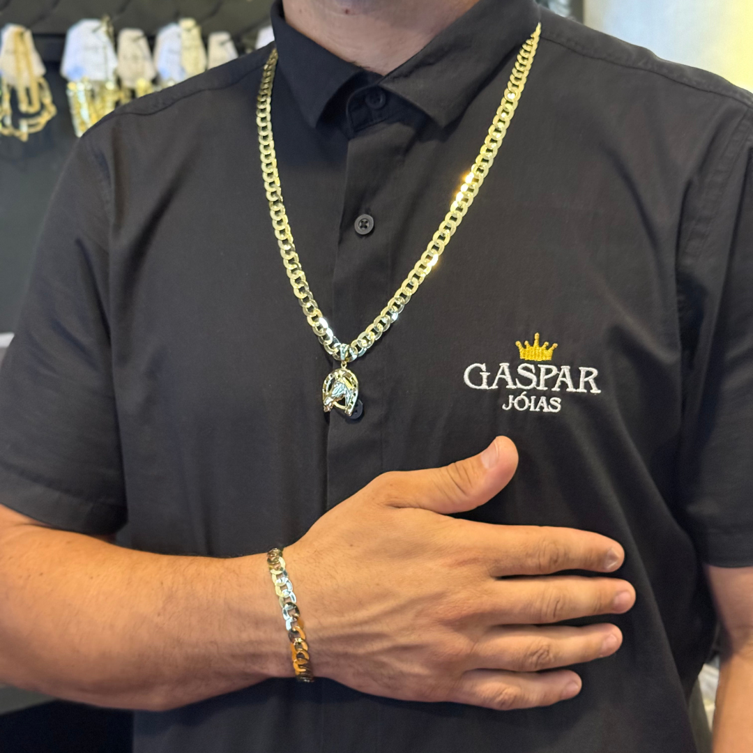 Kit Corrente e Pulseira 8mm Redondo + Pingente Cavalo- Moeda Antiga Italiana + Verniz + Banho de 10 Millessimos Ouro