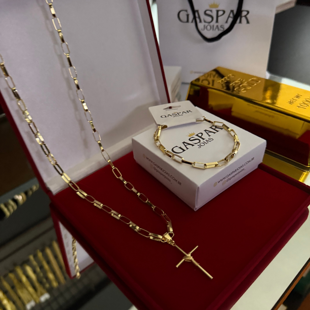 Kit Completo, Corrente e Pulseira Tijolinho + Pingente Cruz Palito - Moeda Antiga Italiana + Verniz + Banho de 10 Millessimos Ouro