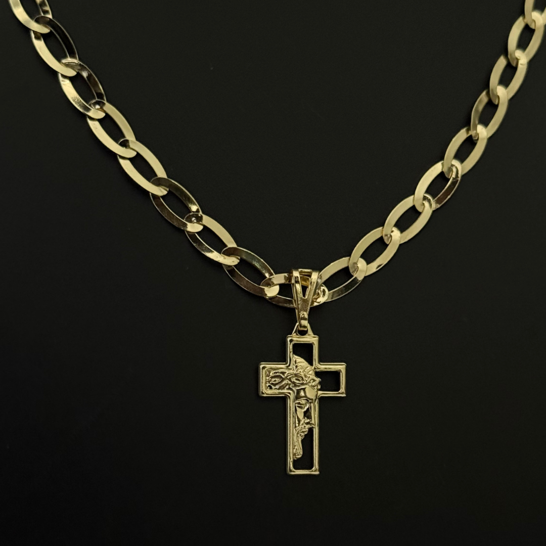 Kit Completo, Corrente e Pulseira Chapeada Laminada 6mm + Pingente Cruz Face - Moeda Antiga Italiana + Verniz + Banho de 10 Millessimos Ouro