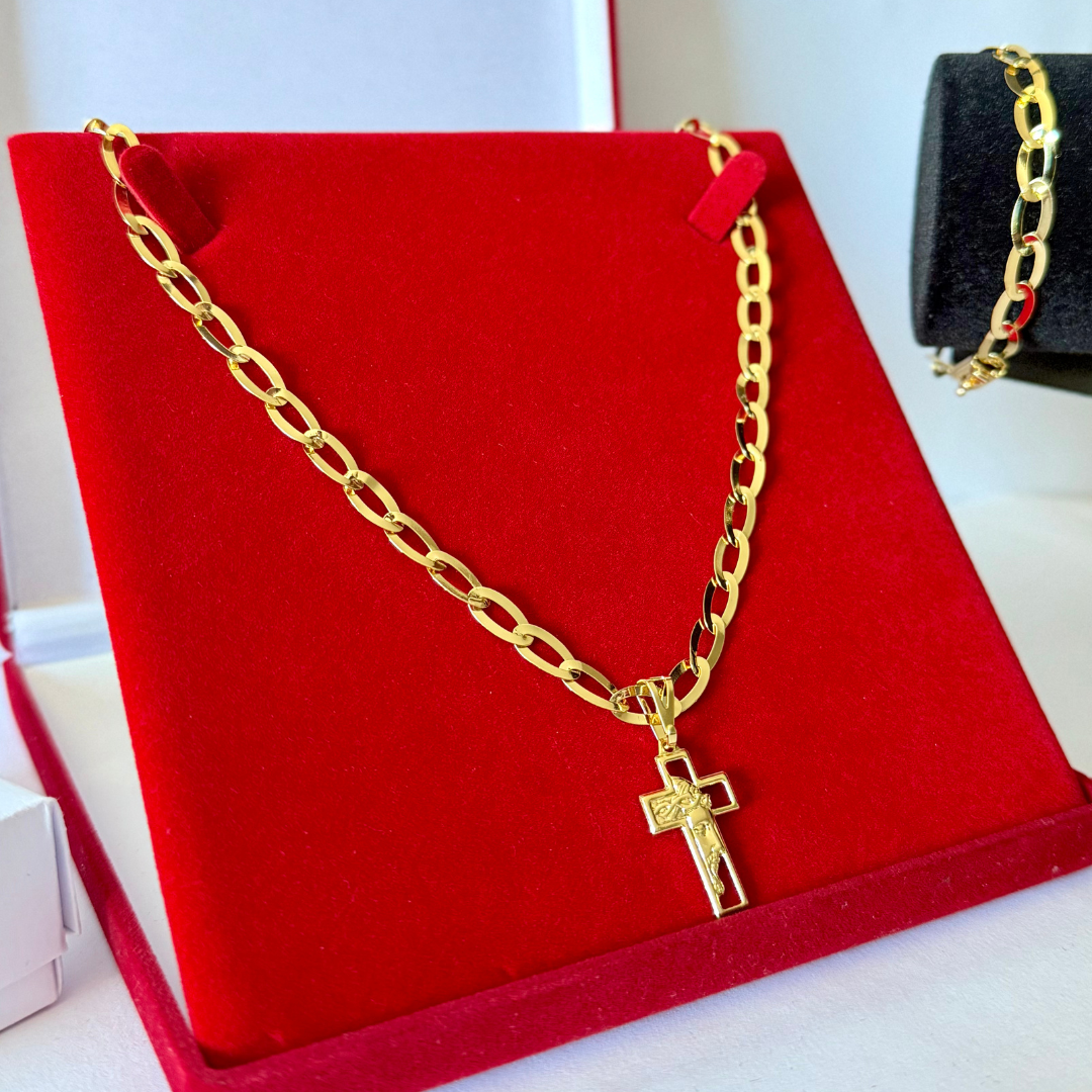 Kit Completo, Corrente e Pulseira Chapeada Laminada 6mm + Pingente Cruz Face - Moeda Antiga Italiana + Verniz + Banho de 10 Millessimos Ouro