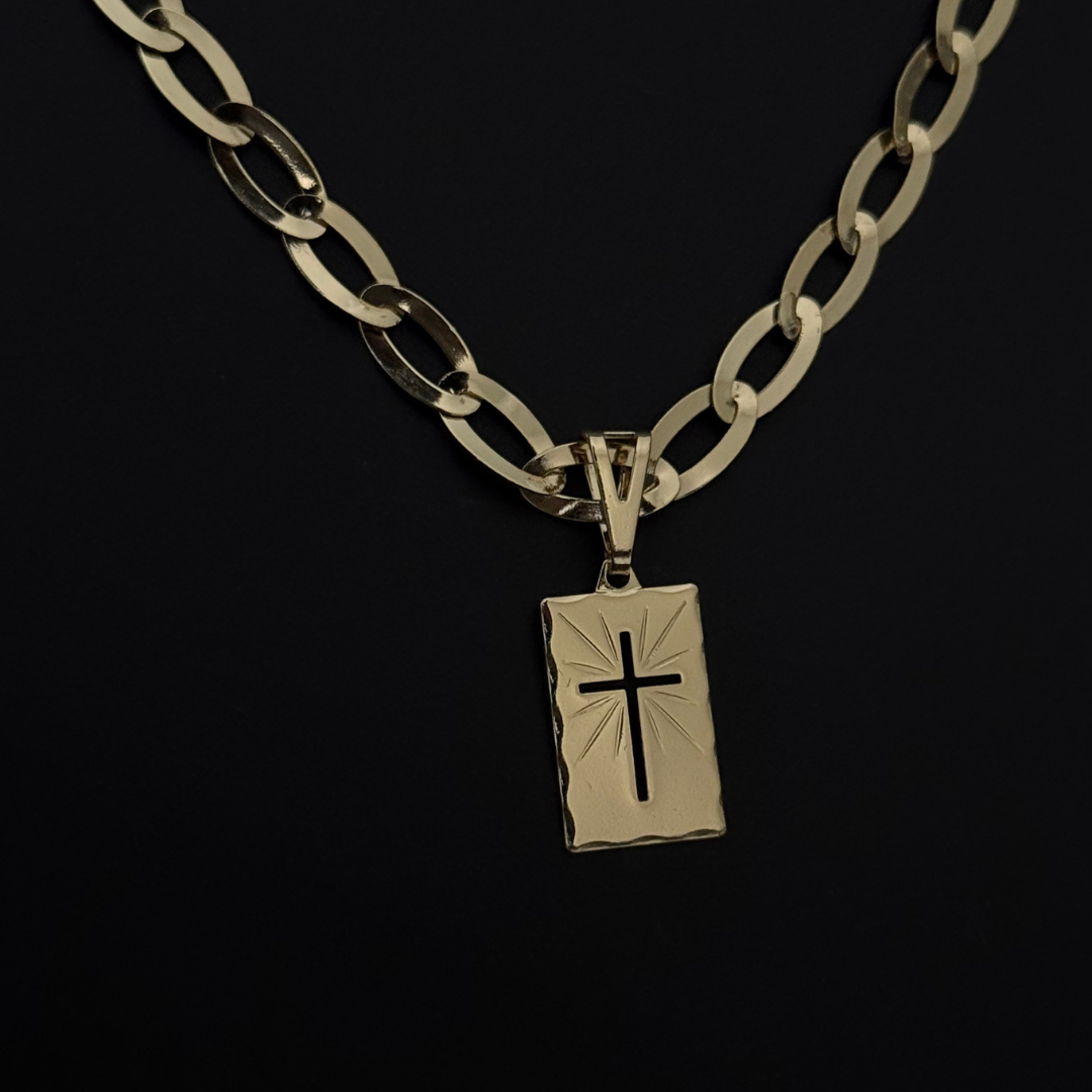 Corrente Chapeada Laminada 6mm + Pingente Placa Cruz - Premium Moeda Antiga Italiana + Verniz + Banho de 10 Millessimos Ouro