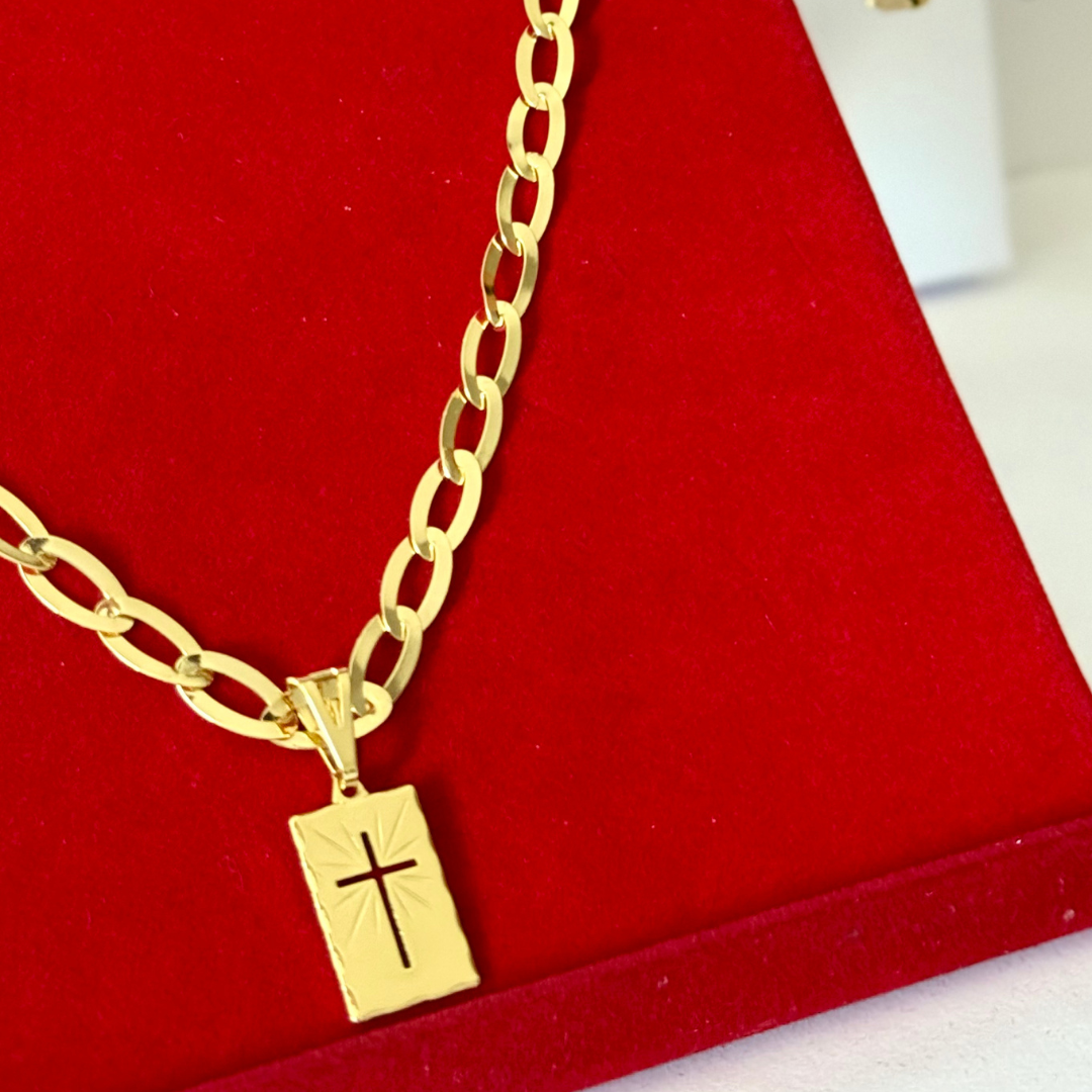 Kit Completo, Corrente e Pulseira Chapeada Laminada 6mm + Pingente Placa Cruz - Moeda Antiga Italiana + Verniz + Banho de 10 Millessimos Ouro