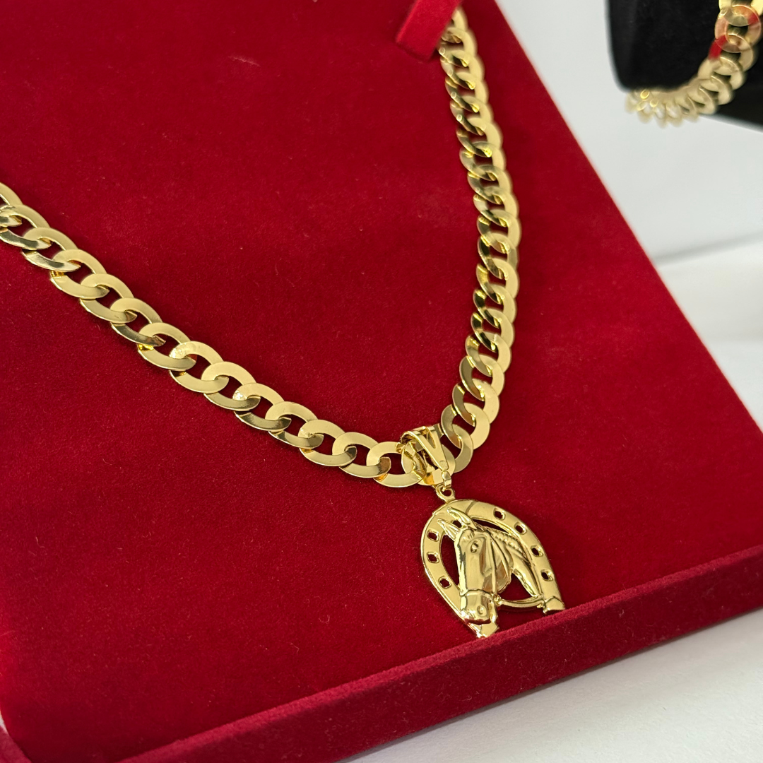 Kit Corrente e Pulseira Elo Redondo 8mm - Moeda Antiga Italiana + Pingente Cavalo + Verniz + Banho de 10 Millessimos Ouro