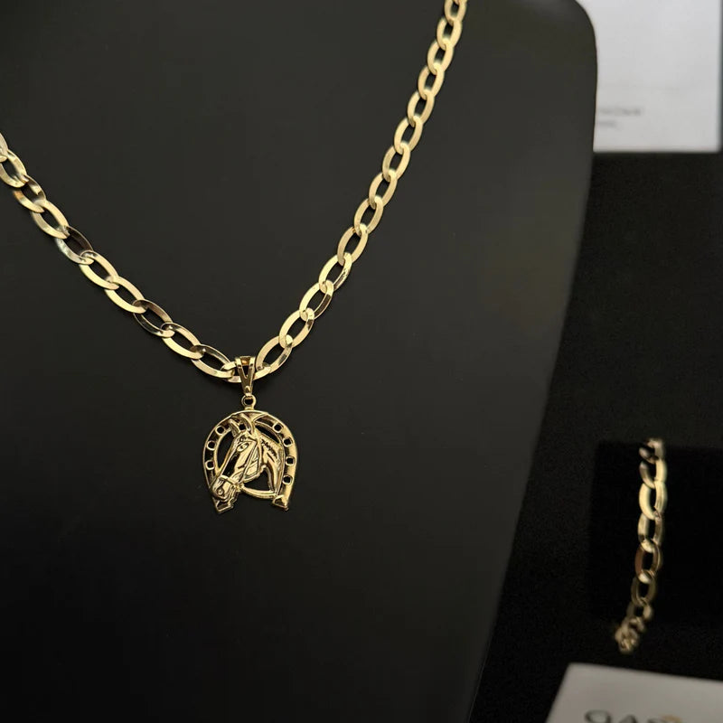 Kit Corrente e Pulseira Chapeada 6mm - MOEDA ANTIGA IDENTICO AO OURO 18K - (PINGENTE CAVALO DE BRINDE)