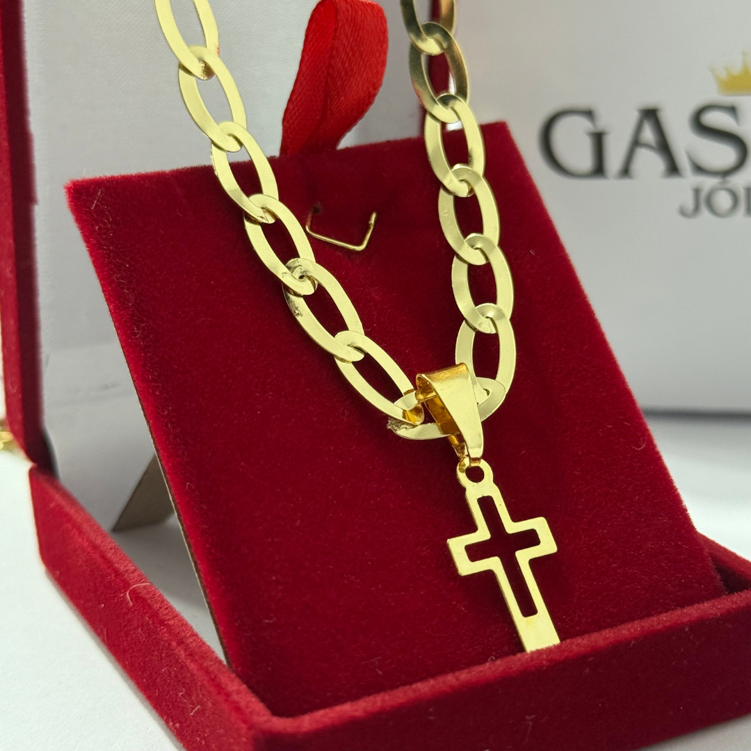 Corrente Chapeada Laminada 6mm + Pingente Cruz Vazada - Premium Moeda Antiga Italiana + Verniz + Banho de 10 Millessimos Ouro