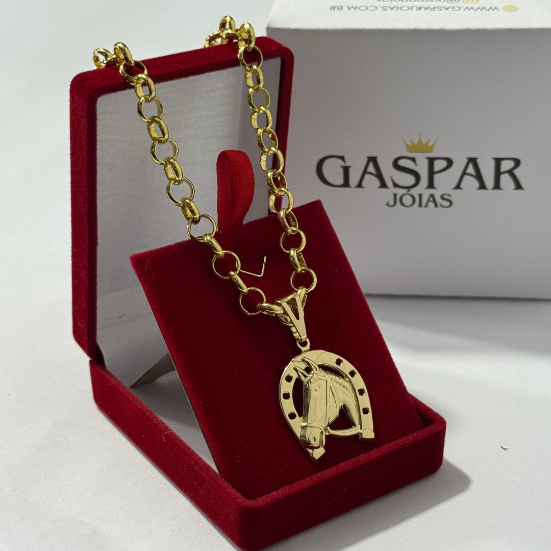 Corrente Elo Português 4mm + Pingente Cavalo - Premium Moeda Antiga Italiana + Verniz + Banho de 10 Millessimos Ouro