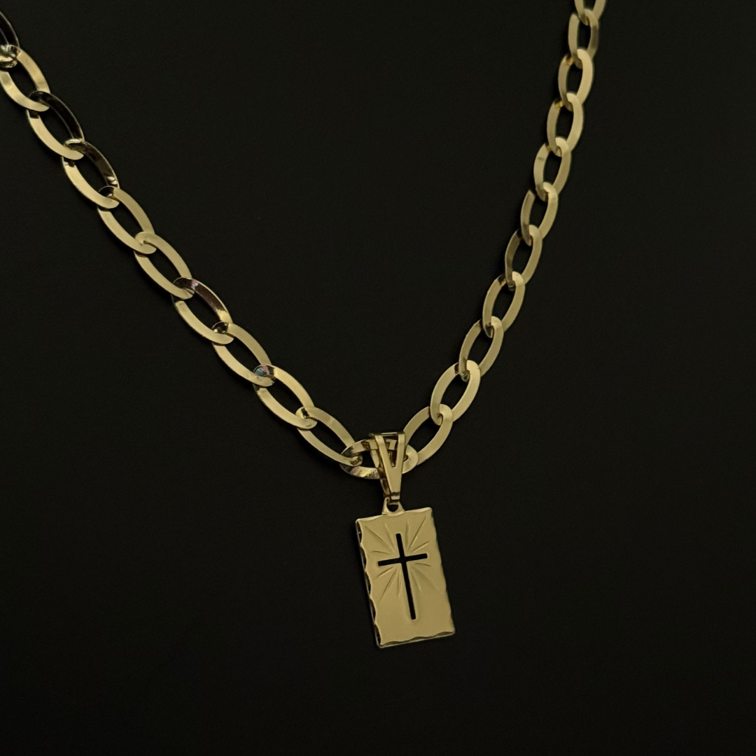 Corrente Chapeada Laminada 6mm + Pingente Placa Cruz - Premium Moeda Antiga Italiana + Verniz + Banho de 10 Millessimos Ouro