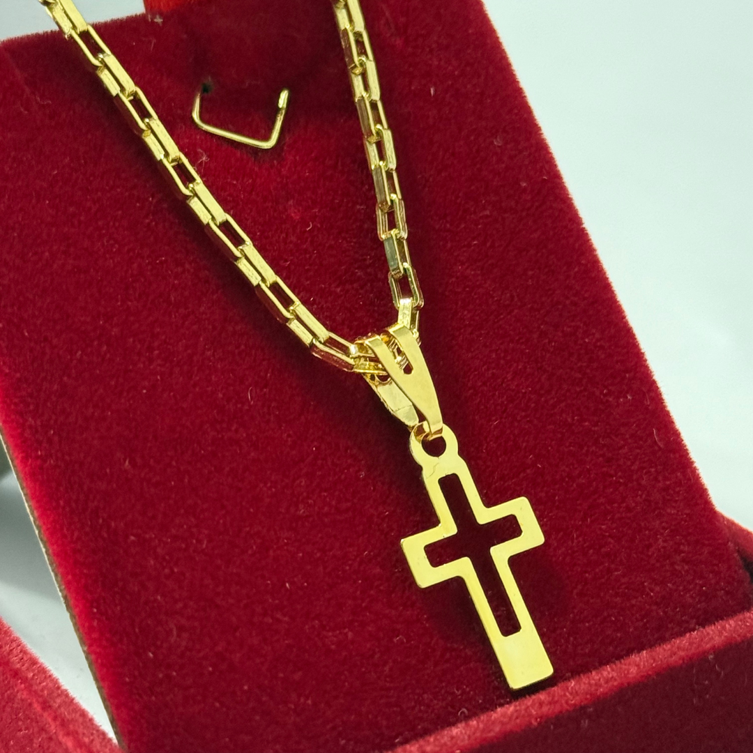 Corrente Tijolinho 2mm + Pingente Cruz Vazada - Premium Moeda Antiga Italiana + Verniz + Banho de 10 Millessimos Ouro