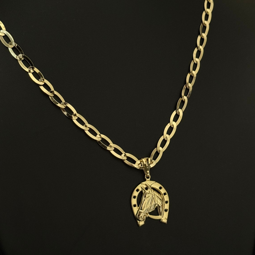 Corrente Chapeada Laminada 6mm + Pingente Cavalo - Premium Moeda Antiga Italiana + Verniz + Banho de 10 Millessimos Ouro