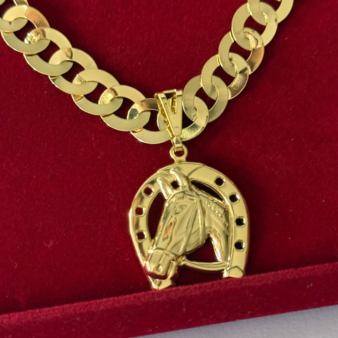 Kit Corrente e Pulseira Elo Redondo 8mm - Moeda Antiga Italiana + Pingente Cavalo + Verniz + Banho de 10 Millessimos Ouro