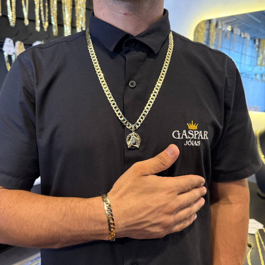 Kit Corrente e Pulseira 8mm Redondo + Pingente Cavalo- Moeda Antiga Italiana + Verniz + Banho de 10 Millessimos Ouro