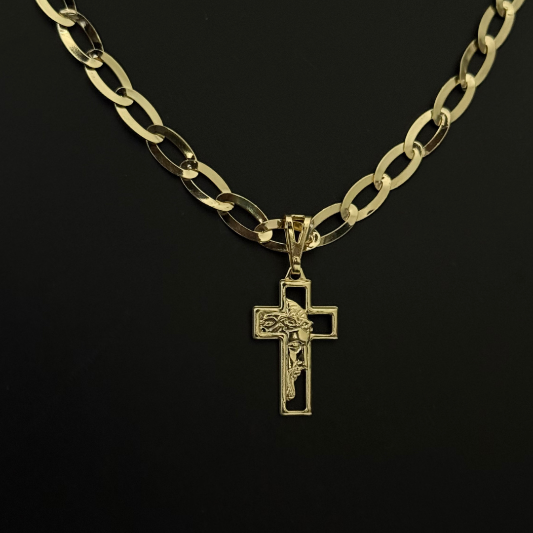 Corrente Chapeada Laminada 6mm + Pingente Cruz Face de Cristo - Premium Moeda Antiga Italiana + Verniz + Banho de 10 Millessimos Ouro