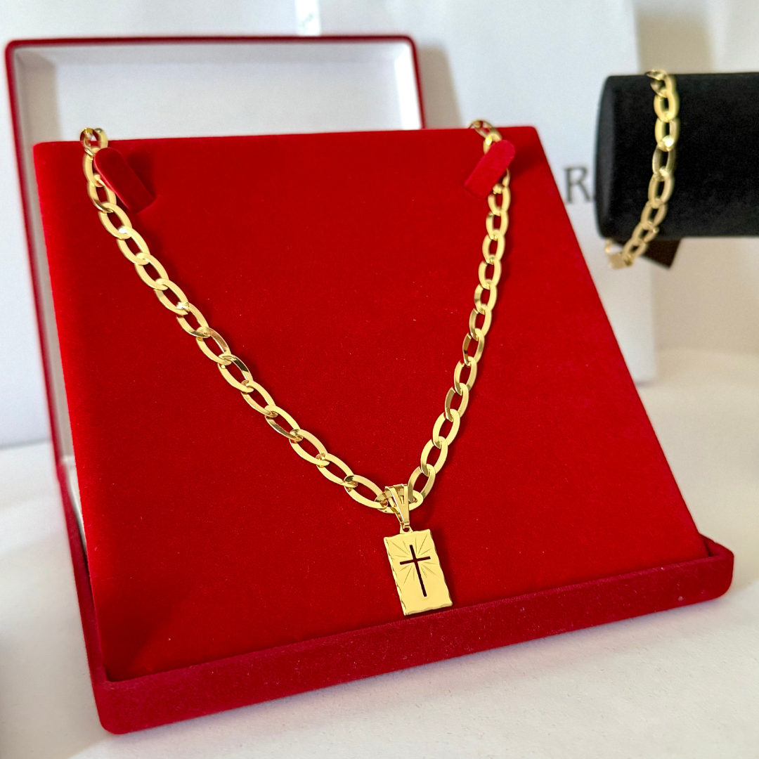 Kit Completo, Corrente e Pulseira Chapeada Laminada 6mm + Pingente Placa Cruz - Moeda Antiga Italiana + Verniz + Banho de 10 Millessimos Ouro
