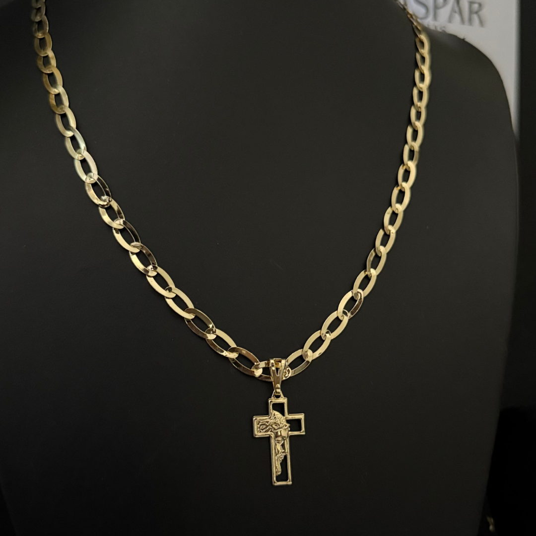 Corrente Chapeada Laminada 6mm + Pingente Cruz Face de Cristo - Premium Moeda Antiga Italiana + Verniz + Banho de 10 Millessimos Ouro