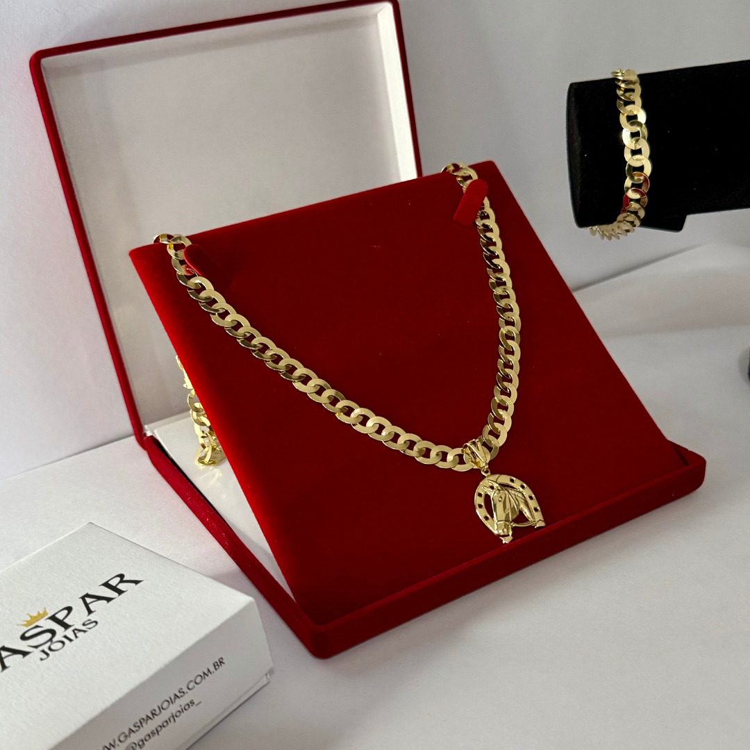 Kit Corrente e Pulseira Elo Redondo 8mm - Moeda Antiga Italiana + Pingente Cavalo + Verniz + Banho de 10 Millessimos Ouro