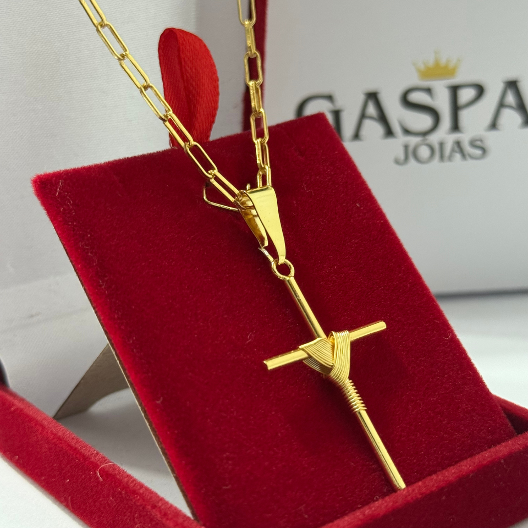 Corrente Tijolinho Long 2mm + Pingente Cruz Palito - Premium Moeda Antiga Italiana + Verniz + Banho de 10 Millessimos Ouro