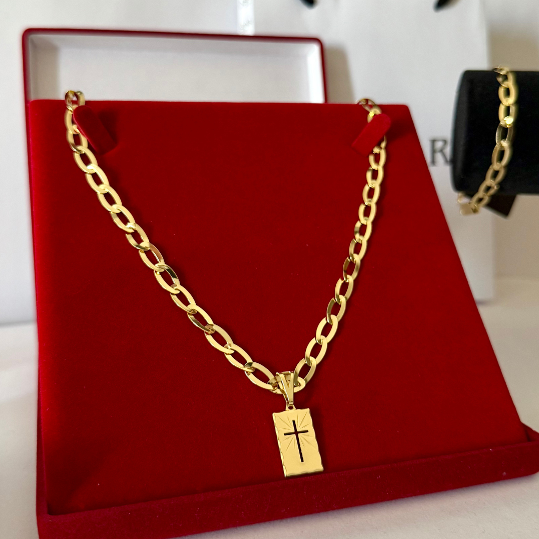 Kit Completo, Corrente e Pulseira Chapeada Laminada 6mm + Pingente Placa Cruz - Moeda Antiga Italiana + Verniz + Banho de 10 Millessimos Ouro