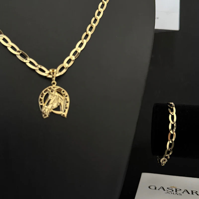 Kit Corrente e Pulseira Chapeada 6mm - MOEDA ANTIGA IDENTICO AO OURO 18K - (PINGENTE CAVALO DE BRINDE)