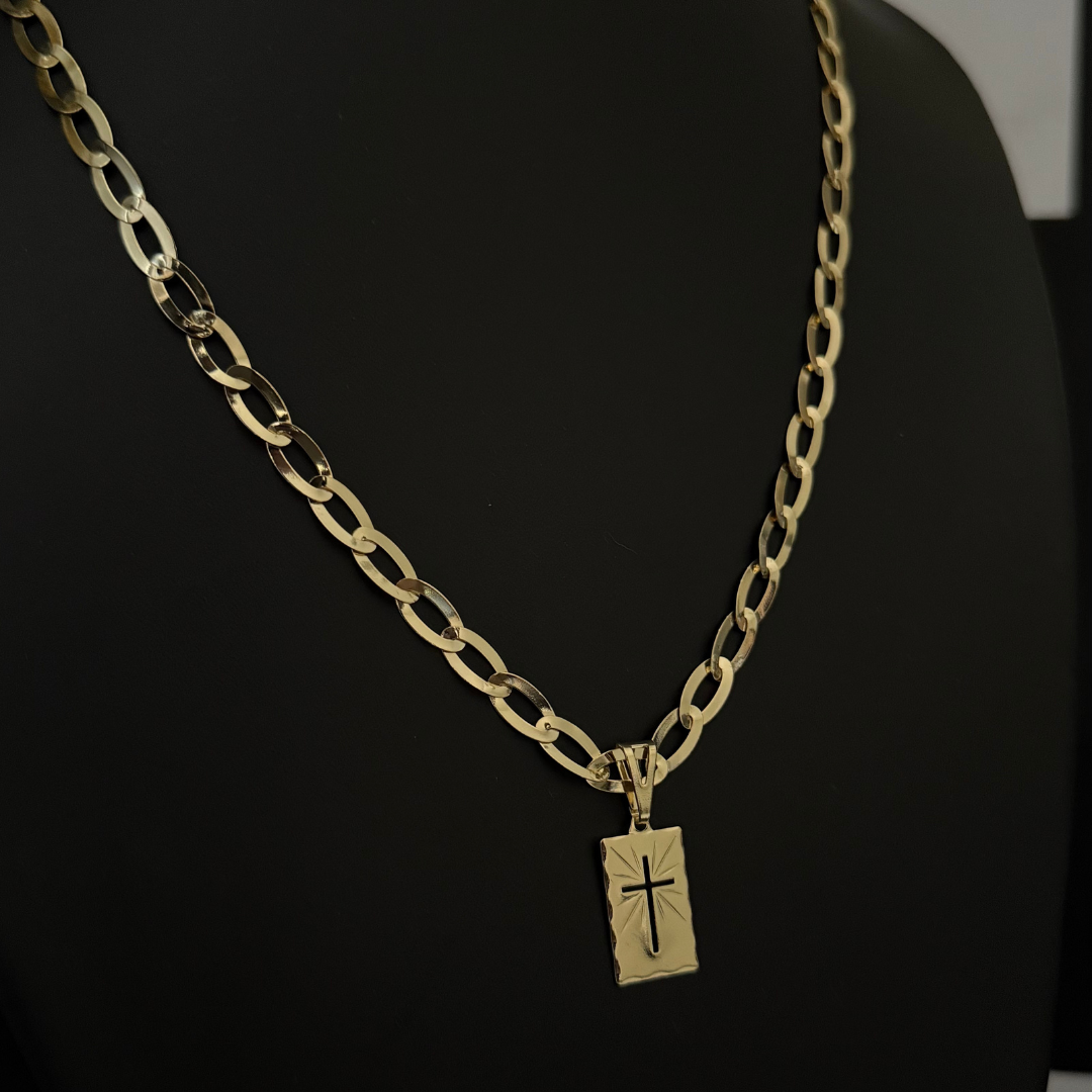 Corrente Chapeada Laminada 6mm + Pingente Placa Cruz - Premium Moeda Antiga Italiana + Verniz + Banho de 10 Millessimos Ouro