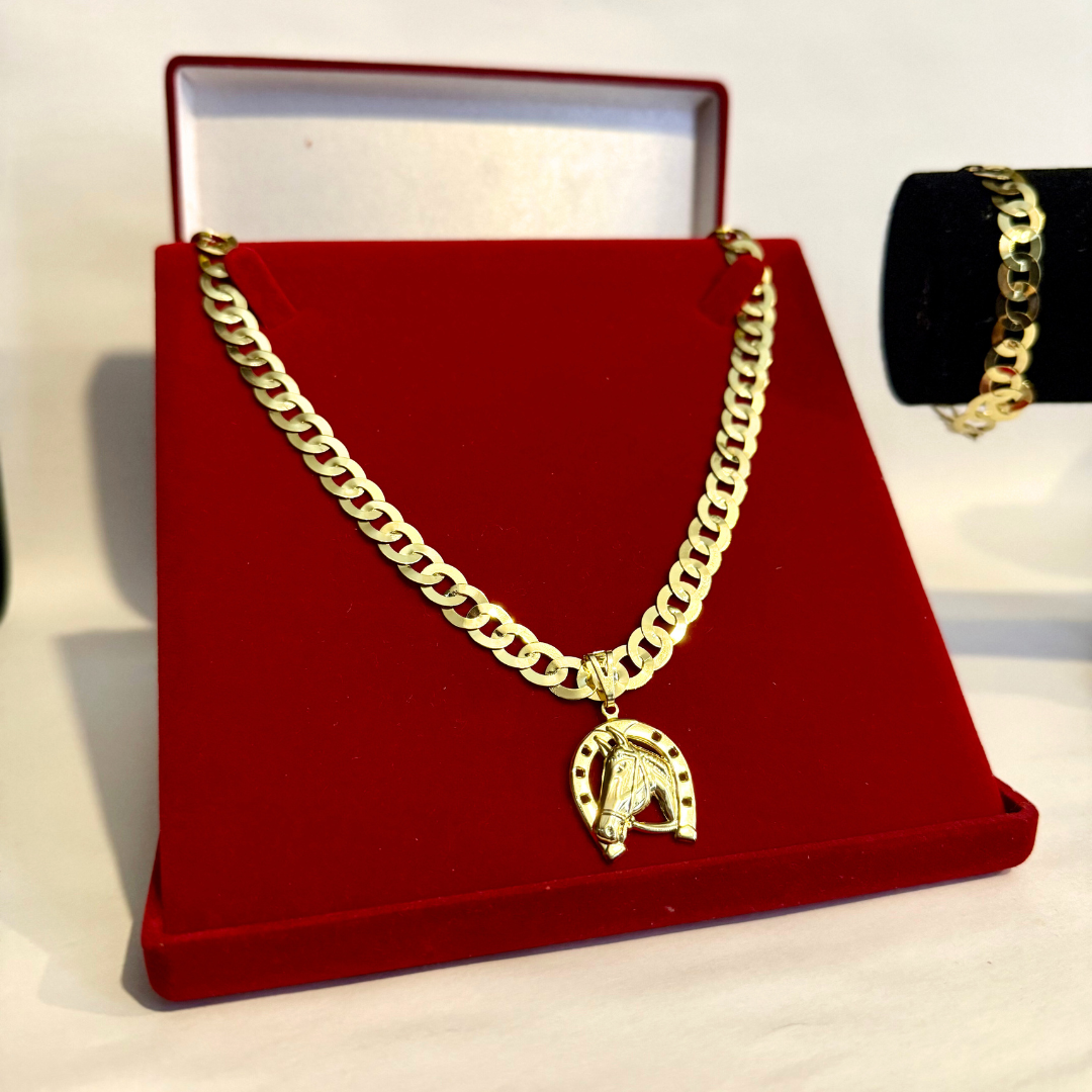 Kit Corrente e Pulseira 8mm Redondo + Pingente Cavalo- Moeda Antiga Italiana + Verniz + Banho de 10 Millessimos Ouro