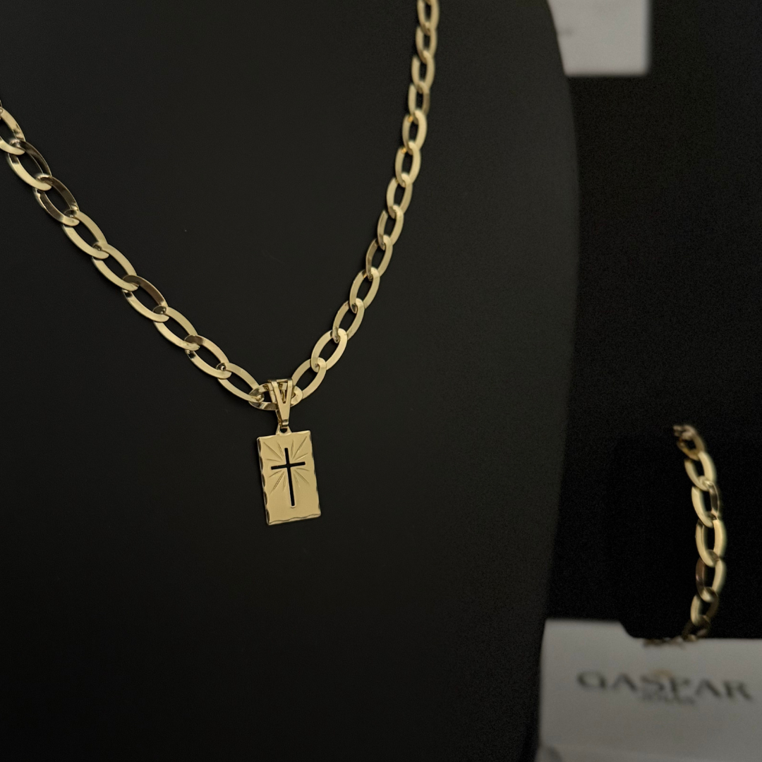 Kit Completo, Corrente e Pulseira Chapeada Laminada 6mm + Pingente Placa Cruz - Moeda Antiga Italiana + Verniz + Banho de 10 Millessimos Ouro