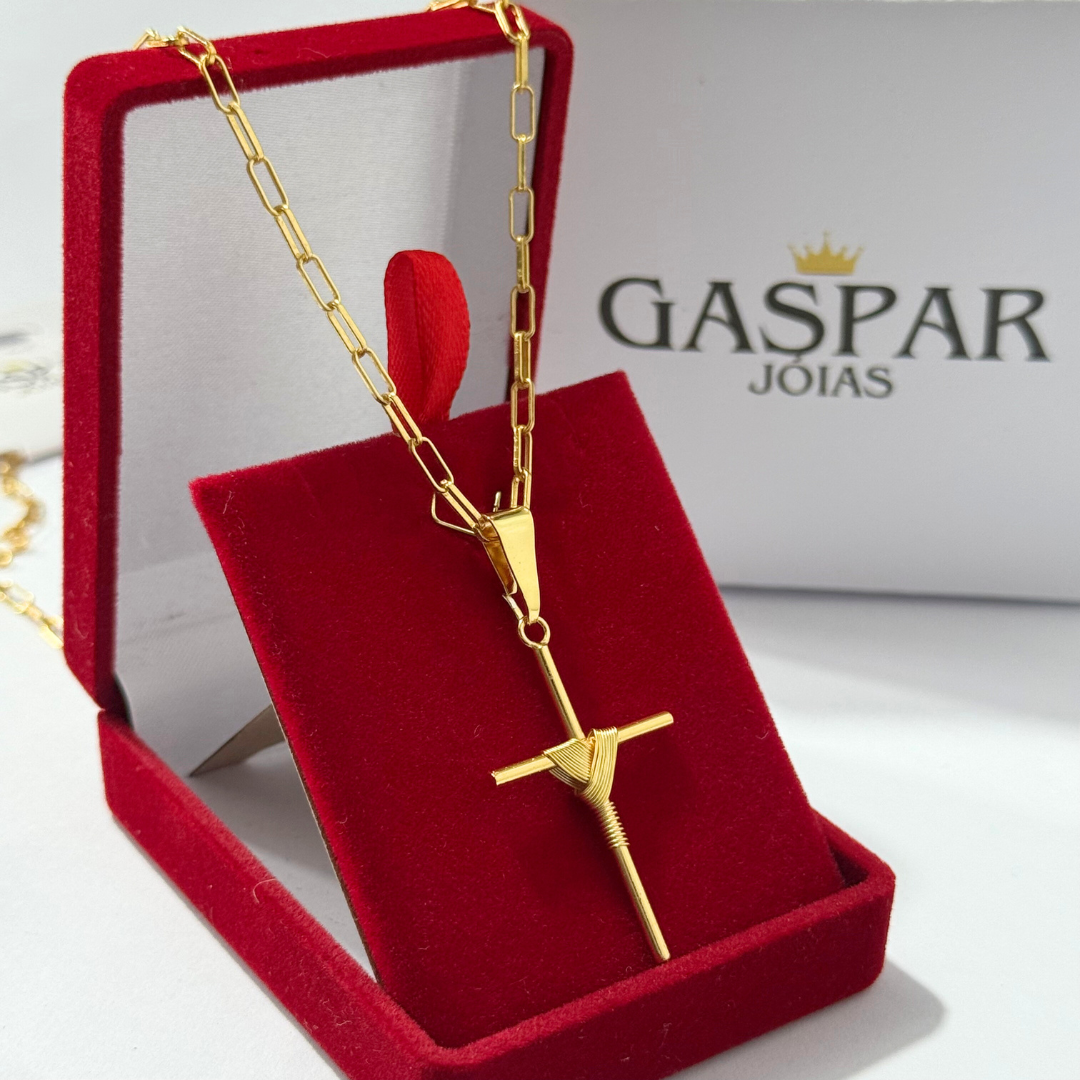 Corrente Tijolinho Long 2mm + Pingente Cruz Palito - Premium Moeda Antiga Italiana + Verniz + Banho de 10 Millessimos Ouro