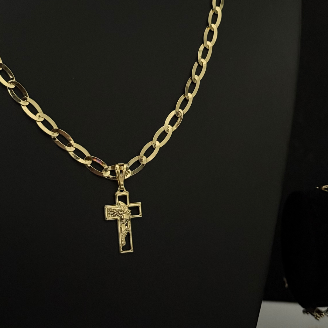 Corrente Chapeada Laminada 6mm + Pingente Cruz Face de Cristo - Premium Moeda Antiga Italiana + Verniz + Banho de 10 Millessimos Ouro