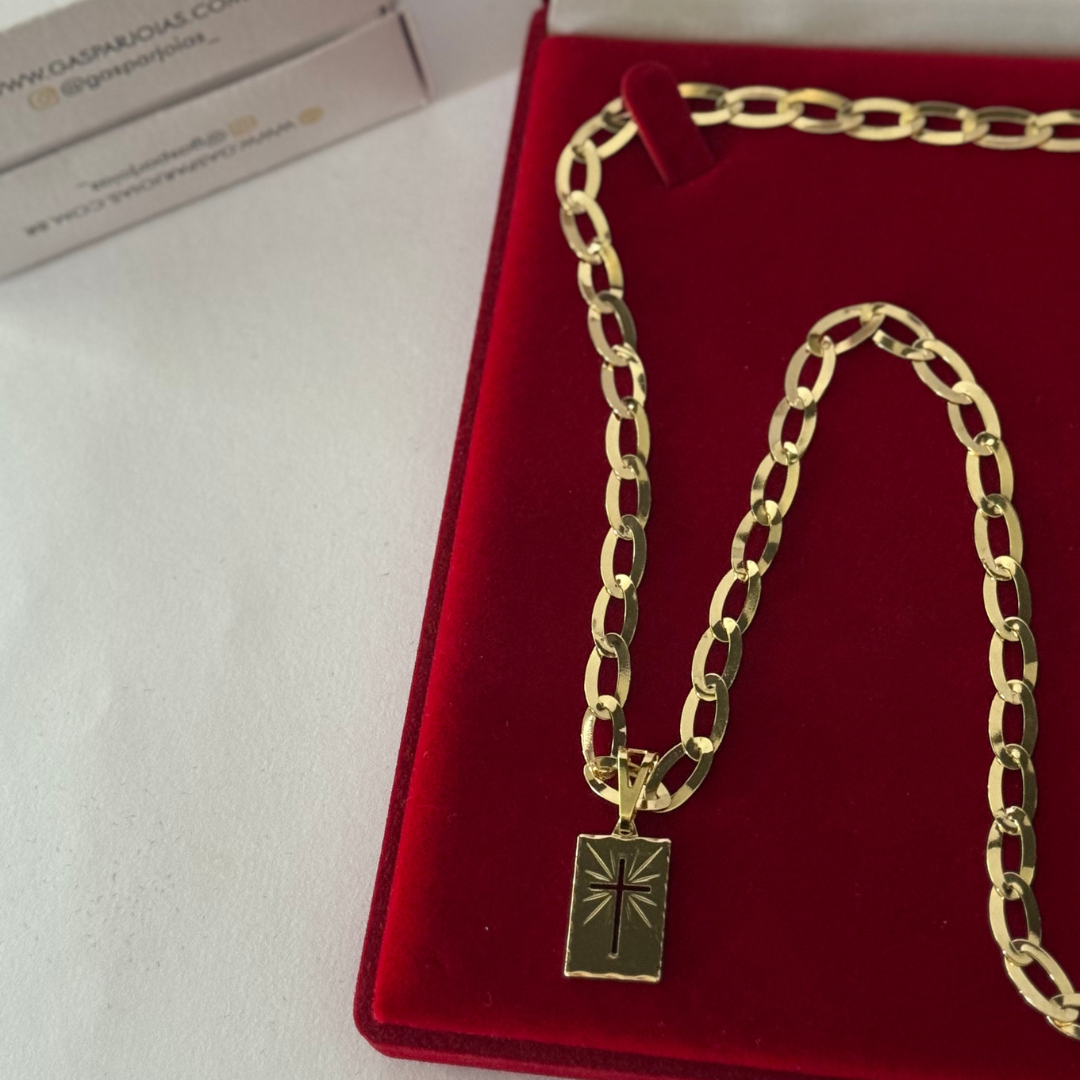 Corrente Chapeada Laminada 6mm + Pingente Placa Cruz - Premium Moeda Antiga Italiana + Verniz + Banho de 10 Millessimos Ouro