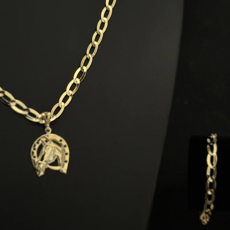 Kit Corrente e Pulseira Chapeada 6mm - MOEDA ANTIGA IDENTICO AO OURO 18K - (PINGENTE CAVALO DE BRINDE)